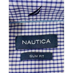 Nautica Men's Blue and White L Gingham Dress Shirt, Long Sleeve,Classic Fit Lq